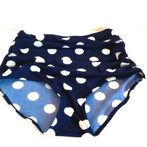 HIGH-WAIST RUCHED BIKINI BOTTOMS NAVY BLUE WHITE POLKADOTS SIZE SMALL NWOT